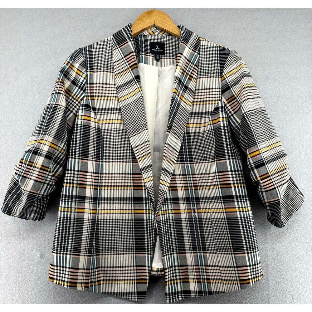Jules & Leopold Blazer Jacket Womens Medium Plaid Ruched Sleeve Classic Chic